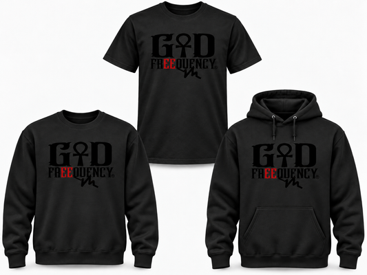 GOD FREEQUENCY Classic black tee crewneck and hoodie mockup