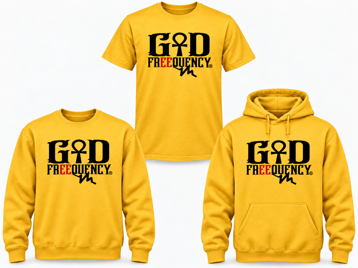 GOD FREEQUENCY Classic gold tee crewneck and hoodie mockup