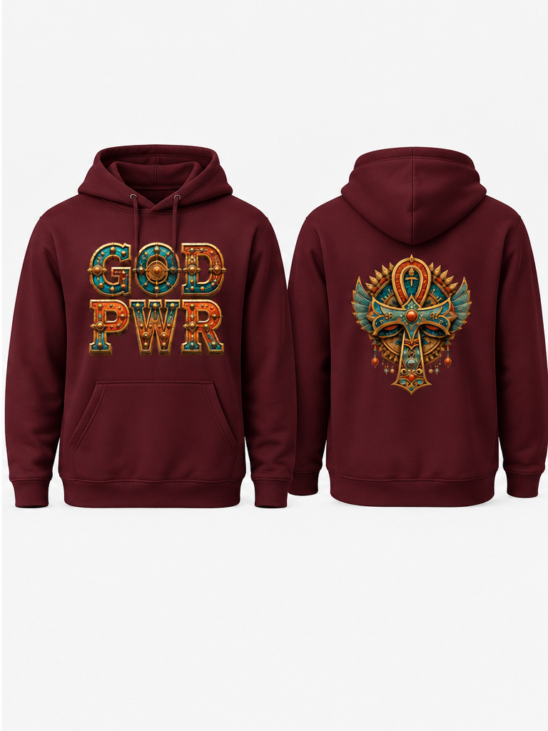 God PWR burgundy hoodie front and back