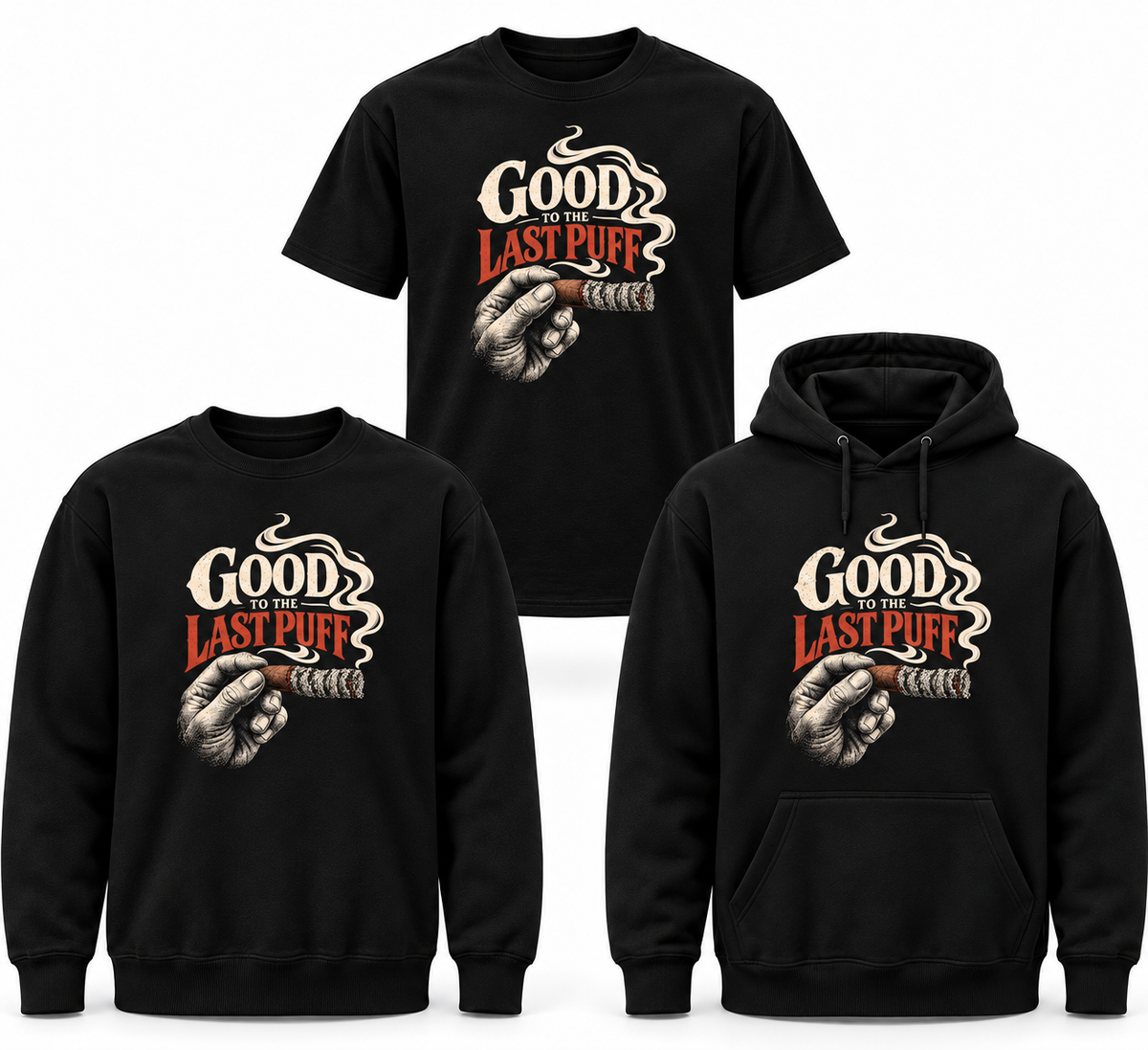 Good to the Last Puff three-garment mockup in black