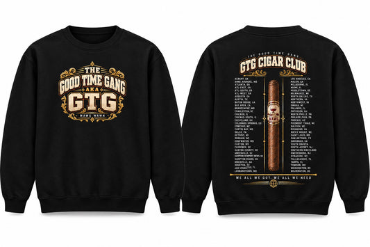 GTG Cigar Club Chapter Cities black crewneck sweatshirt front and back