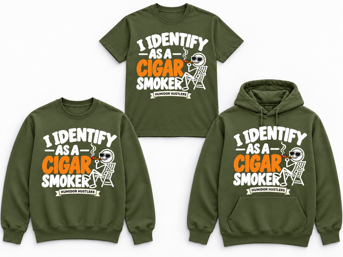 Humidor Hustlers I Identify as a Cigar Smoker military green tee crewneck and hoodie mockup