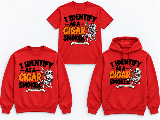 Humidor Hustlers I Identify as a Cigar Smoker red tee crewneck and hoodie mockup