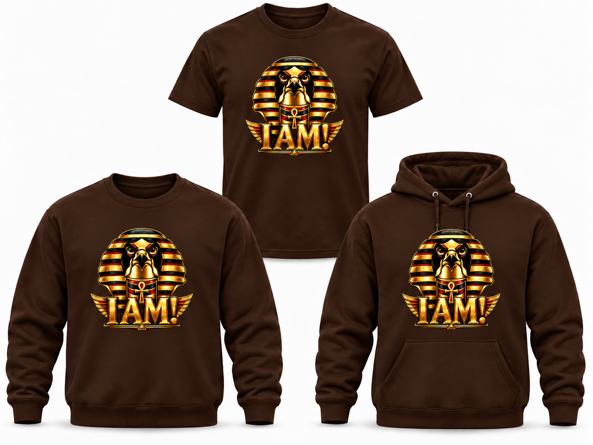 I AM! brown T-shirt, crewneck and hoodie with smaller centered design