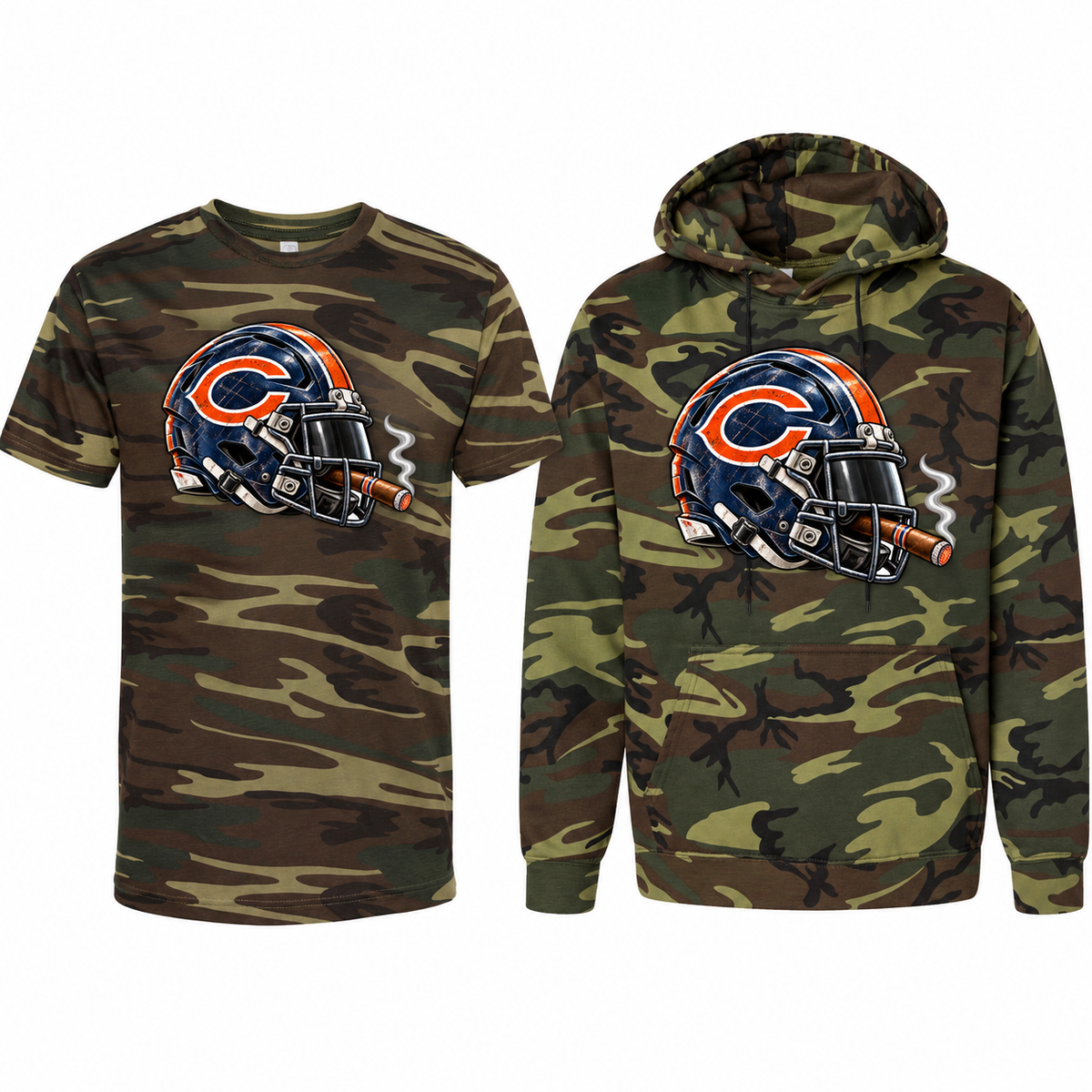 Chicago Bears League of Smoke Camo Edition tee and hoodie