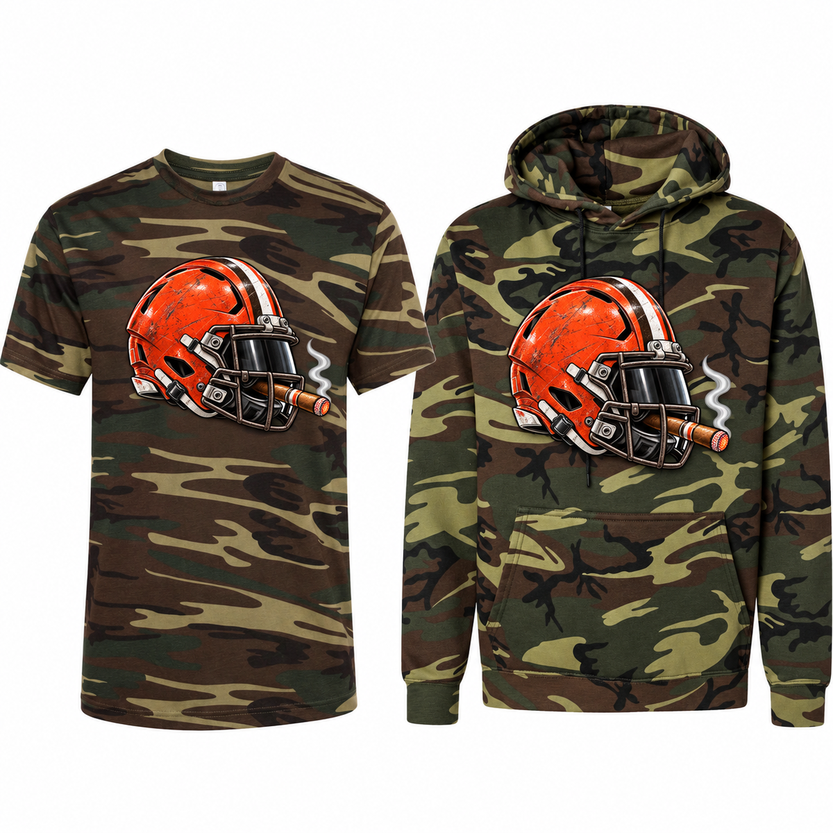 Cleveland Browns League of Smoke Camo Edition tee and hoodie