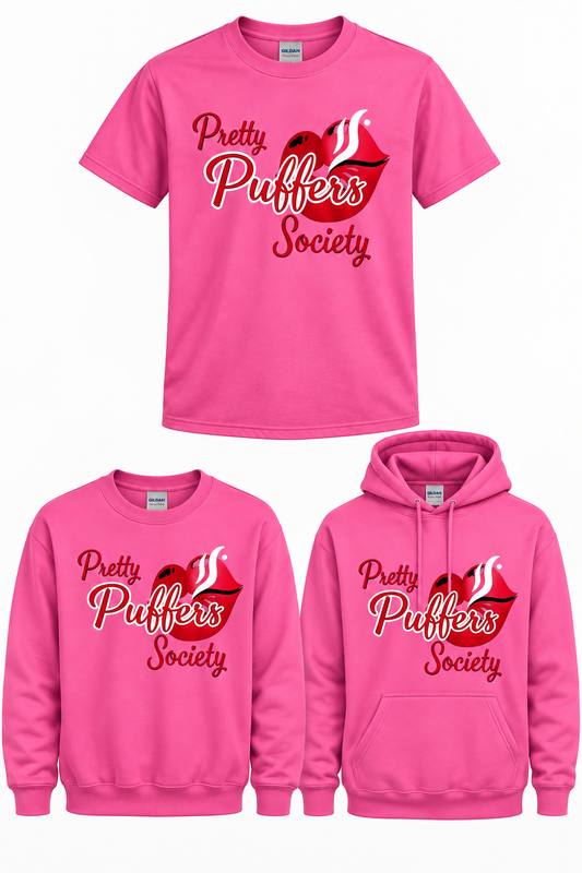 Pretty Puffers Society Classic pink tee crewneck and hoodie mockup