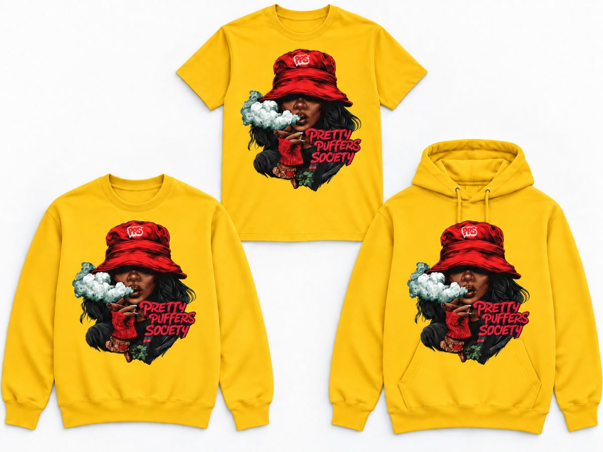 Pretty Puffers Society Red Bucket Crown gold tee crewneck and hoodie mockup