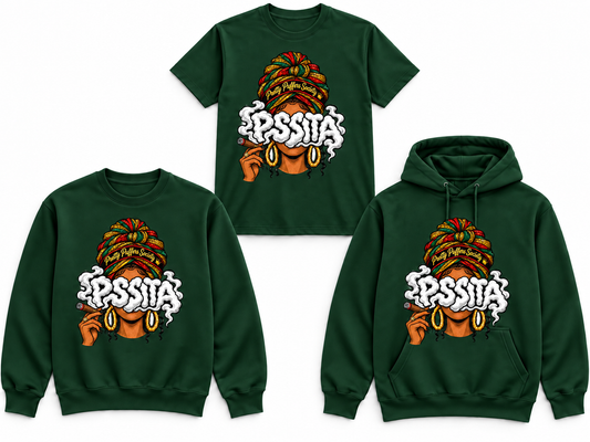 Queen Pssita forest green tee crewneck and hoodie mockup