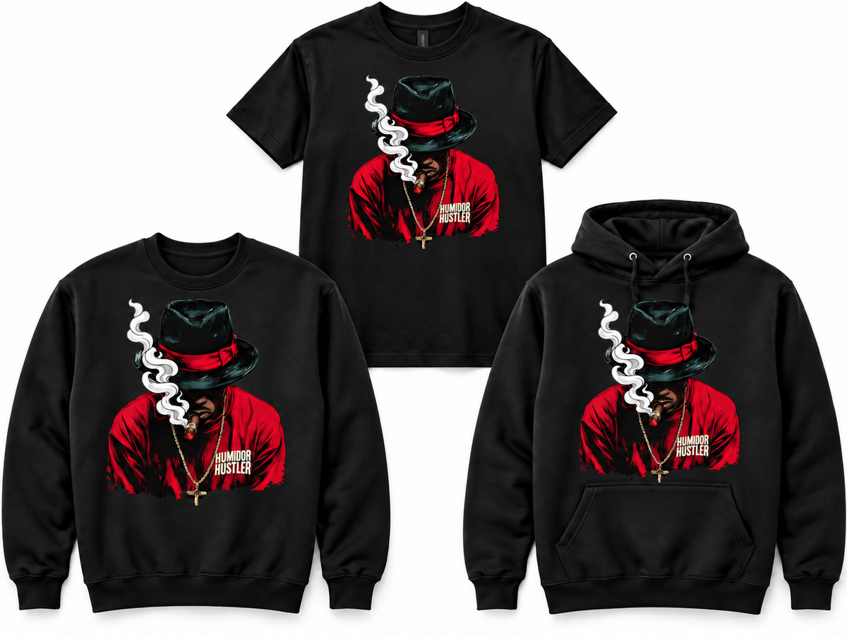 Fedora Smoke black T-shirt, crewneck and hoodie mockup