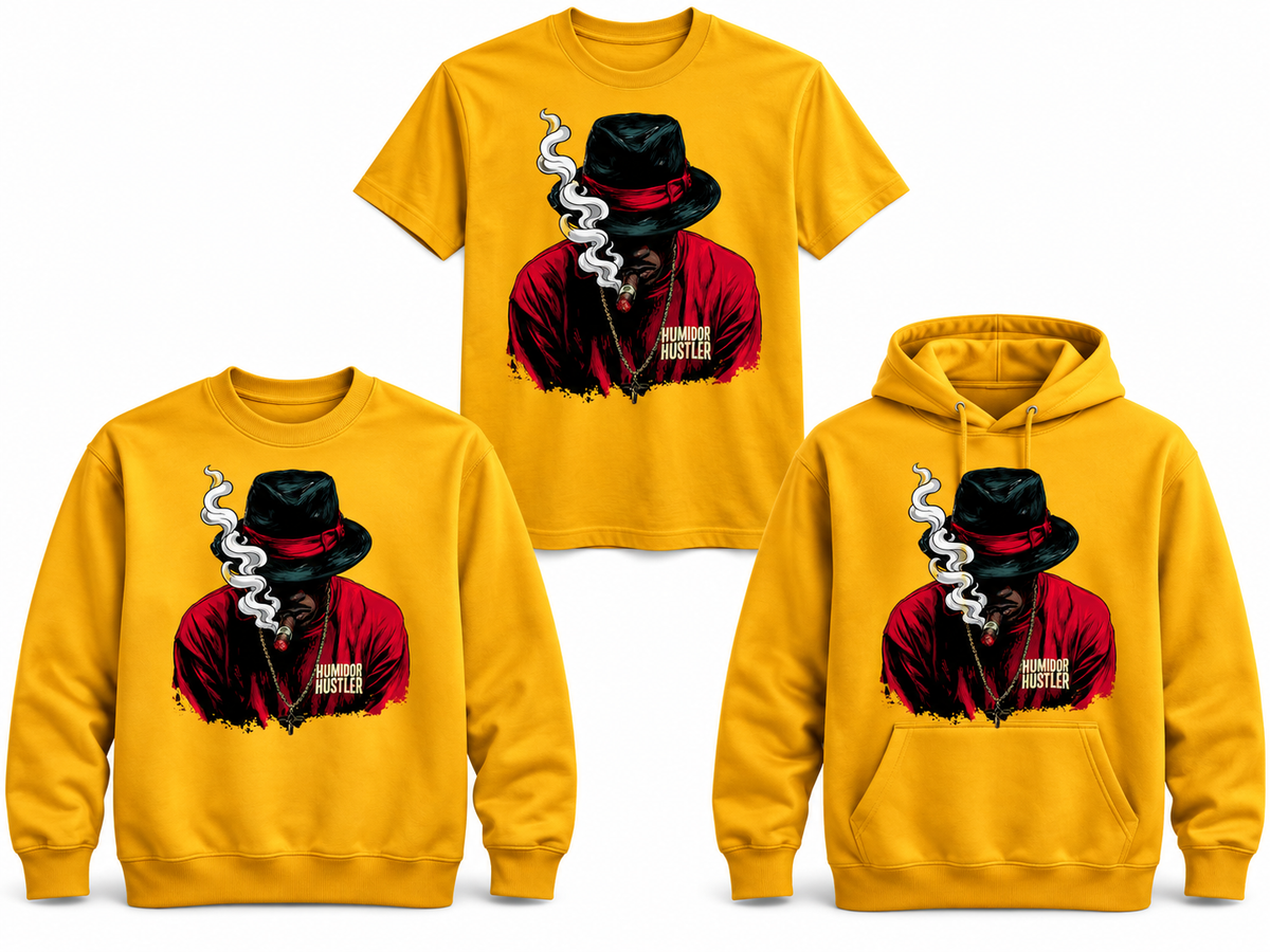 Fedora Smoke gold T-shirt, crewneck and hoodie mockup
