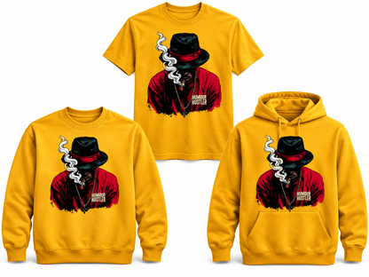 Fedora Smoke gold T-shirt, crewneck and hoodie mockup