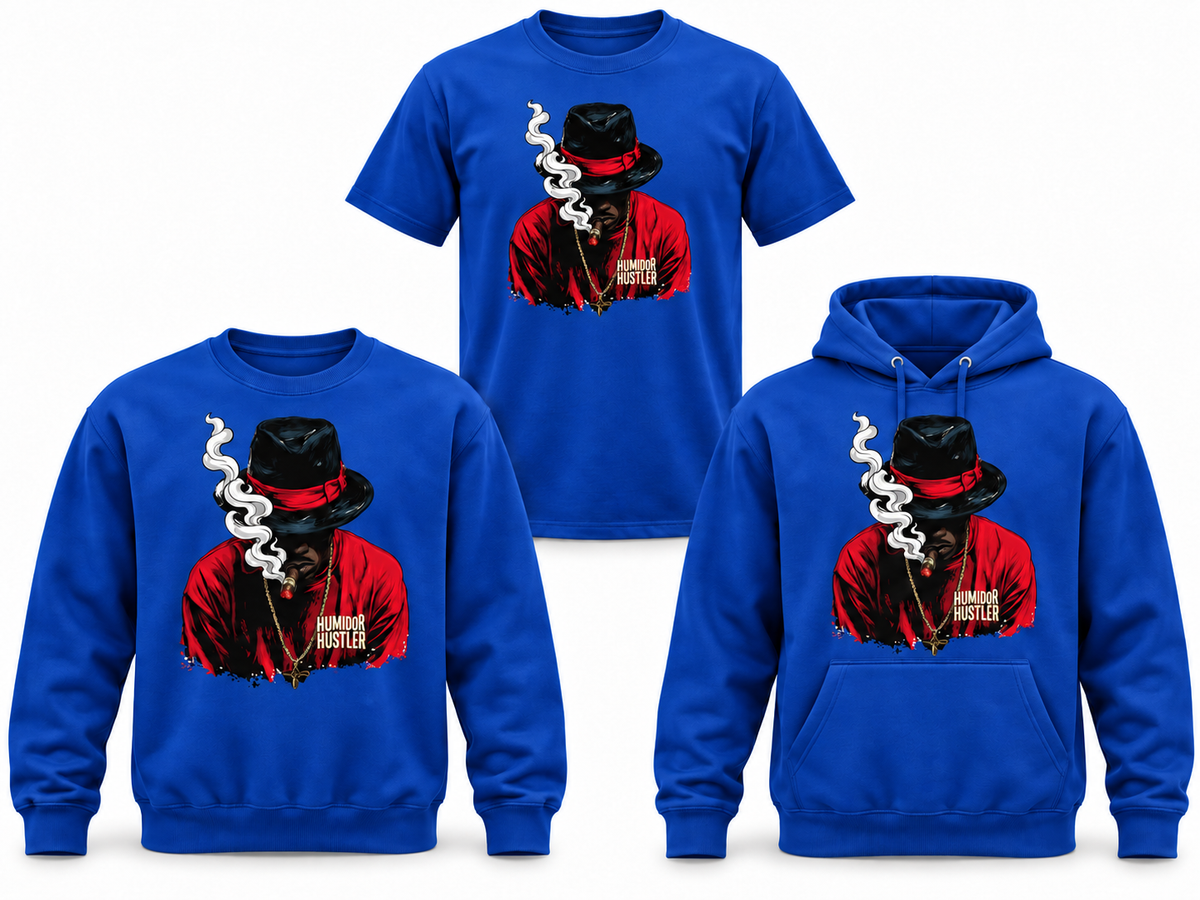 Fedora Smoke royal blue T-shirt, crewneck and hoodie mockup