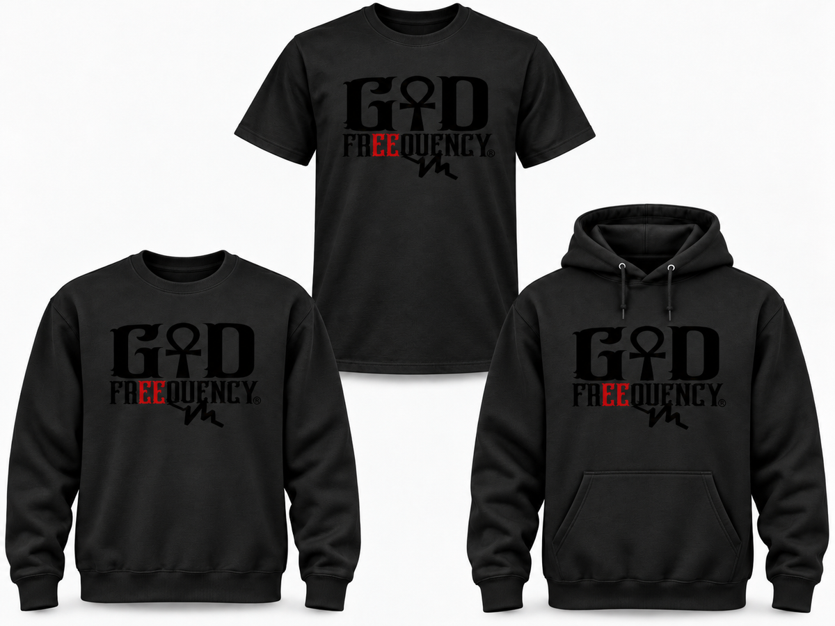 GOD FREEQUENCY Classic black tee crewneck and hoodie mockup