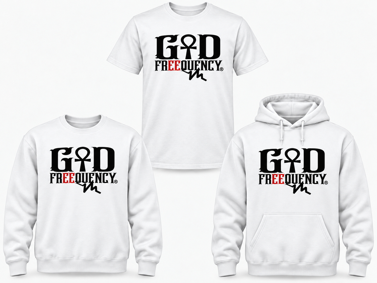 GOD FREEQUENCY Classic white tee crewneck and hoodie mockup