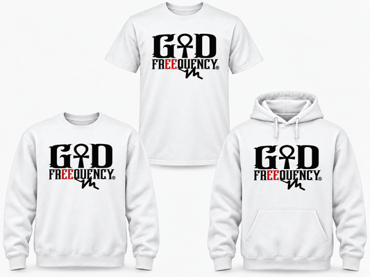 GOD FREEQUENCY Classic white tee crewneck and hoodie mockup