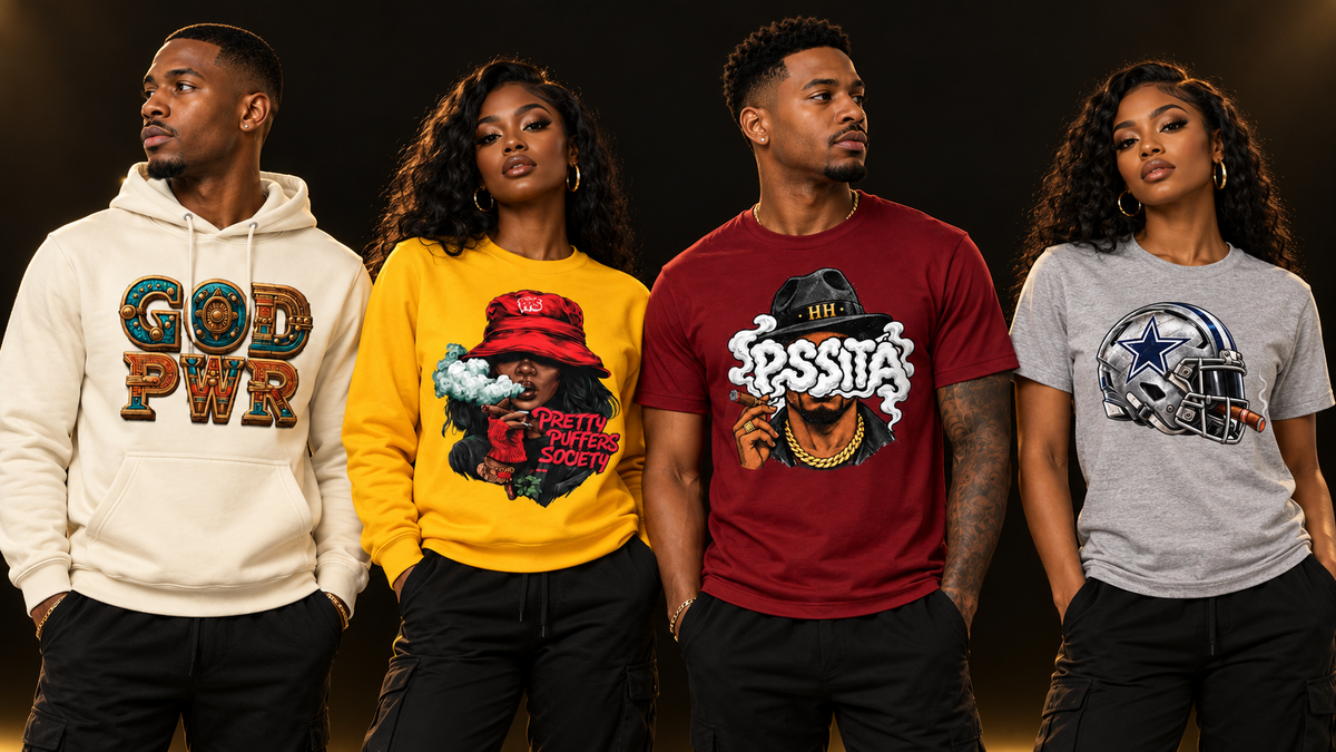 Four standing models wearing God Freequency, Pretty Puffers Society, Humidor Hustlers and League of Smoke apparel.