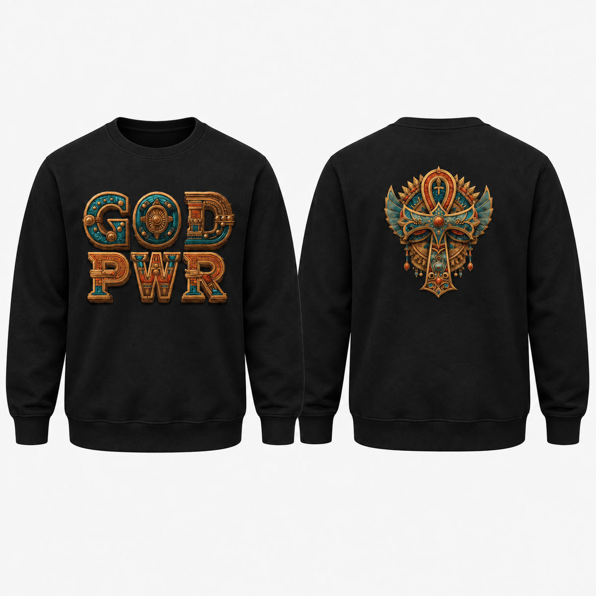God PWR black crewneck sweatshirt front and back