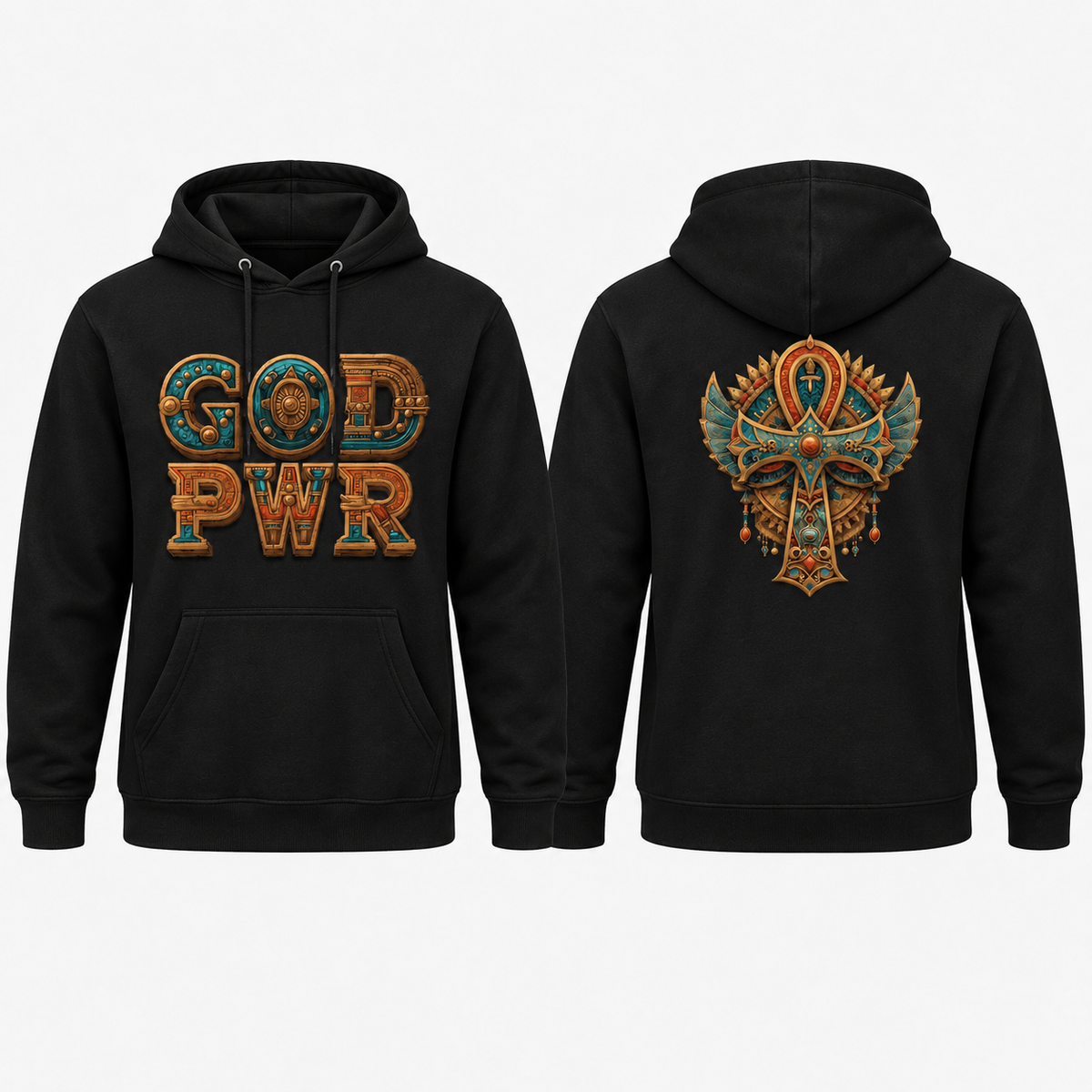 God PWR black hoodie front and back
