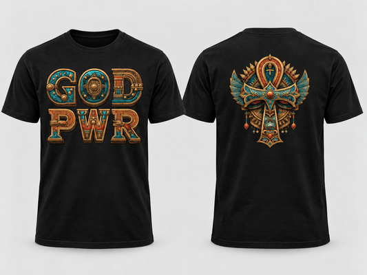 God PWR black tee front and back