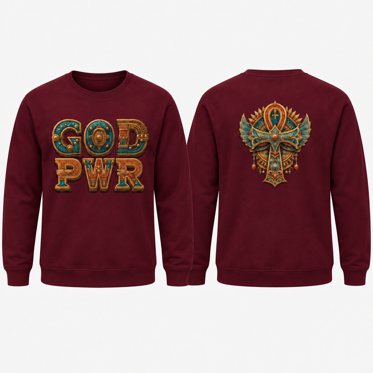 God PWR burgundy crewneck sweatshirt front and back