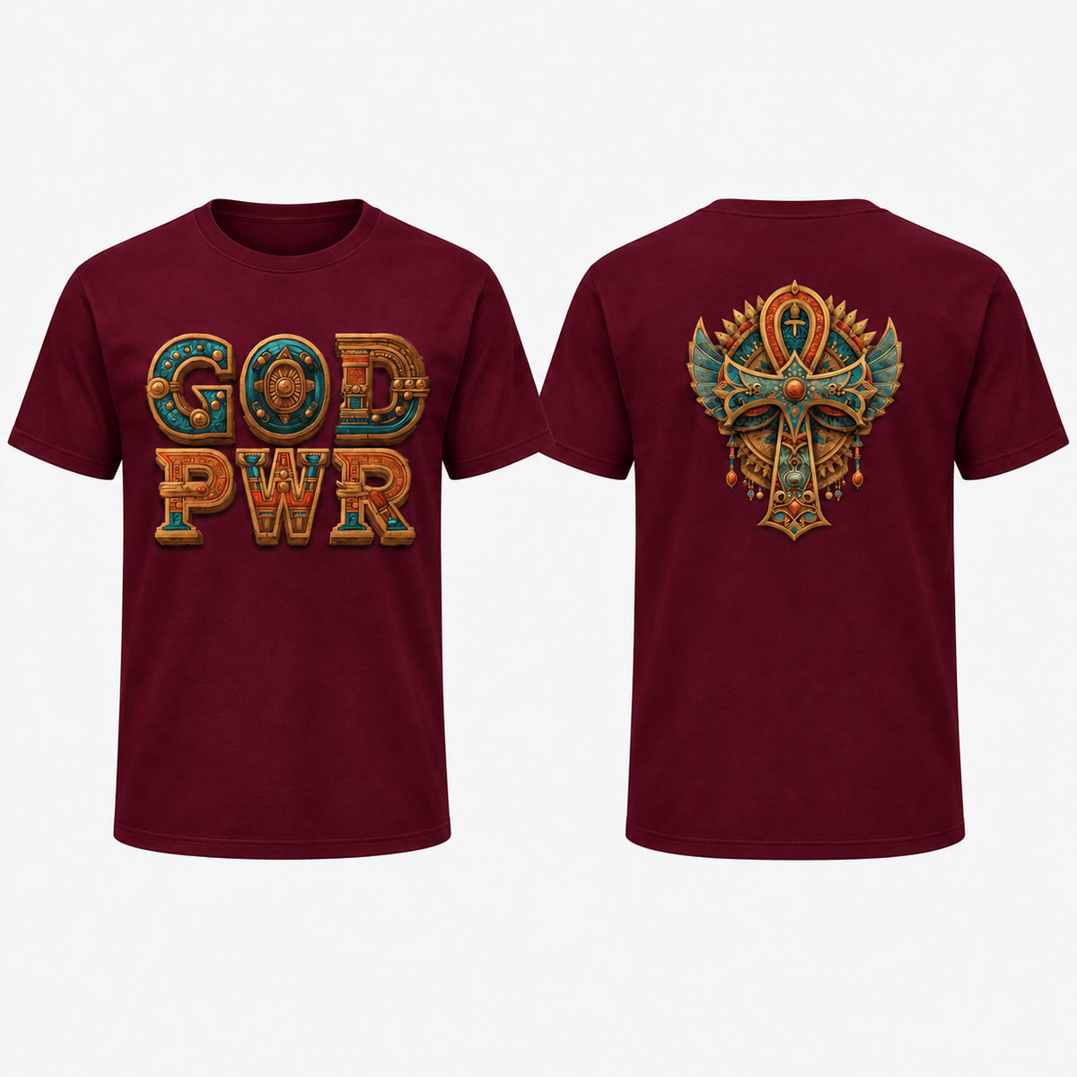God PWR burgundy tee front and back