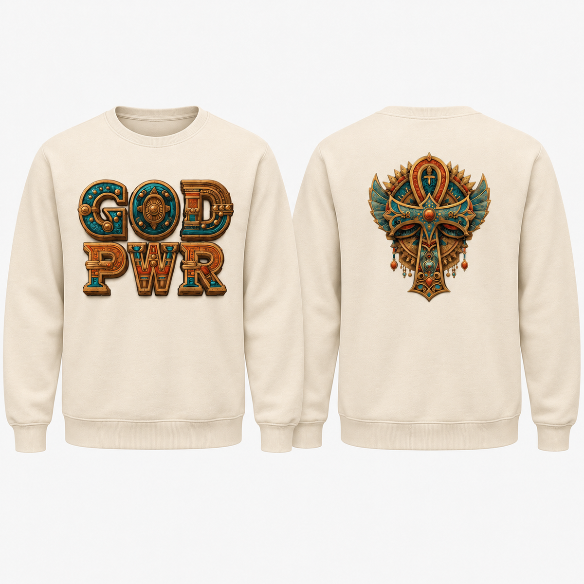 God PWR cream crewneck sweatshirt front and back