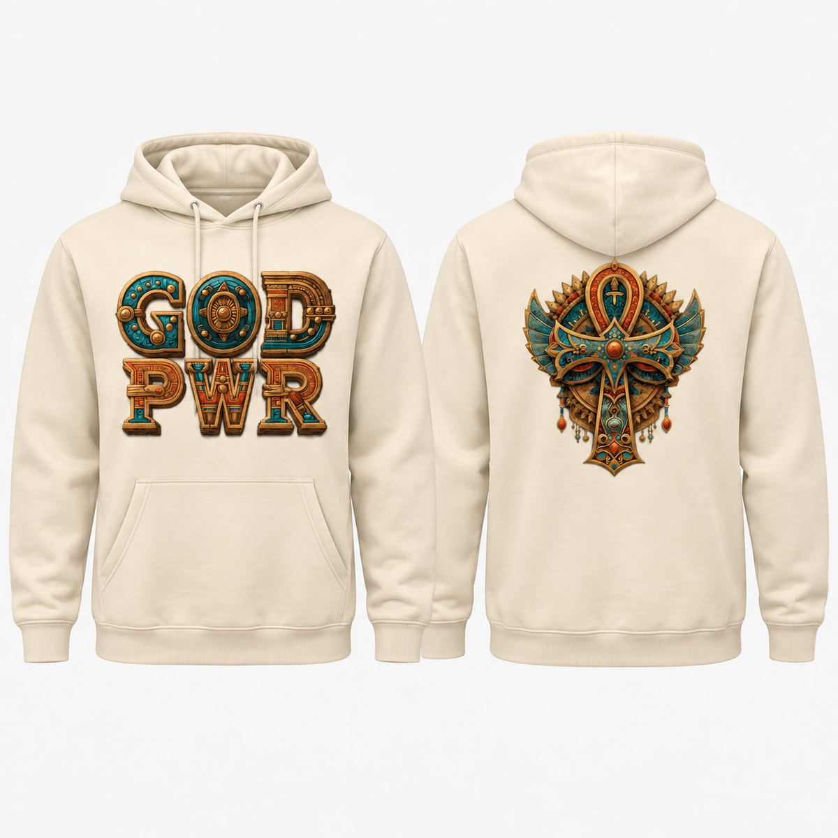God PWR cream hoodie front and back