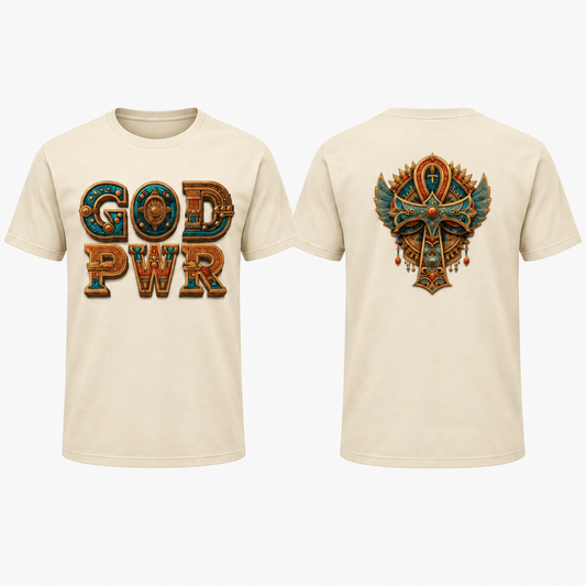 God PWR cream tee front and back