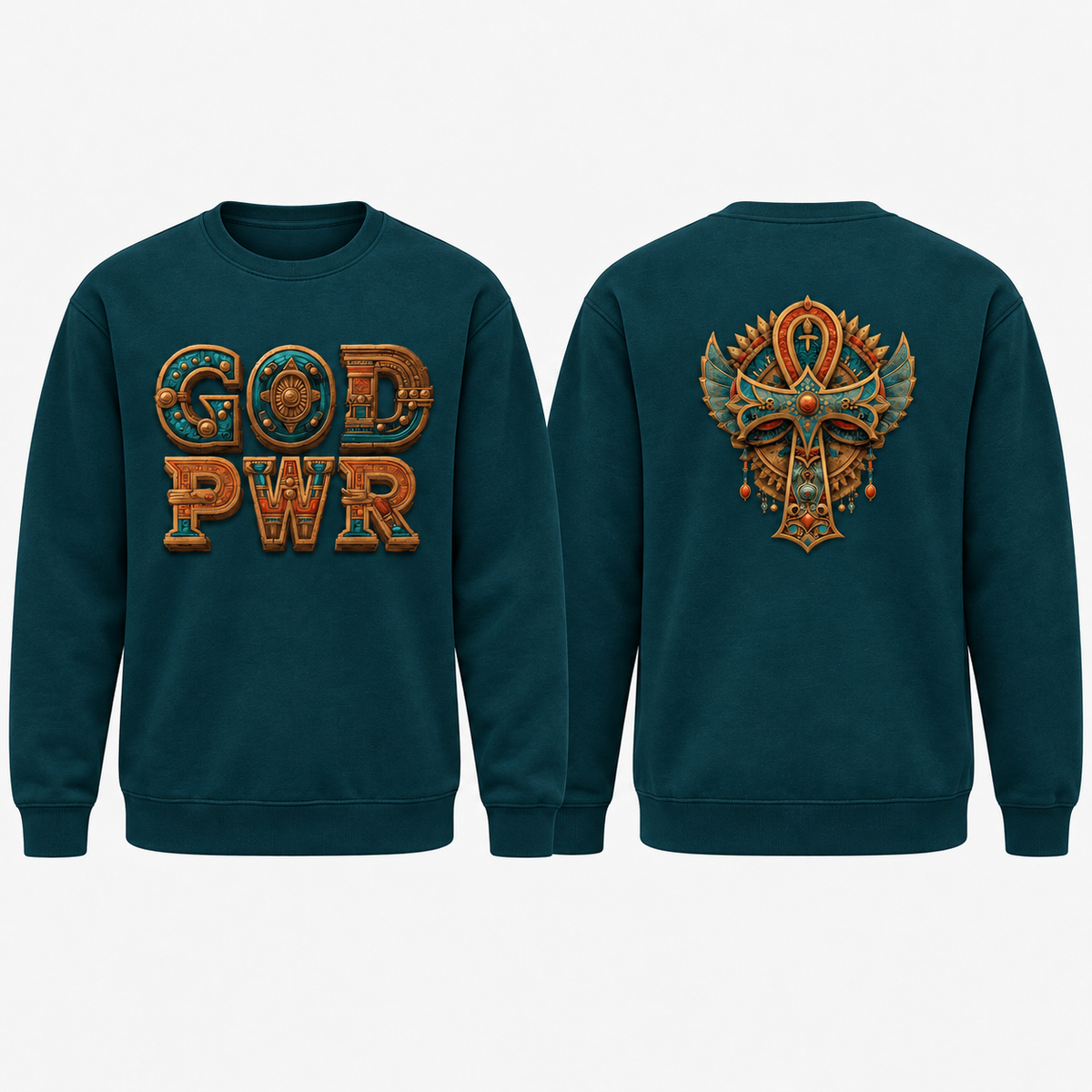 God PWR dark teal crewneck sweatshirt front and back