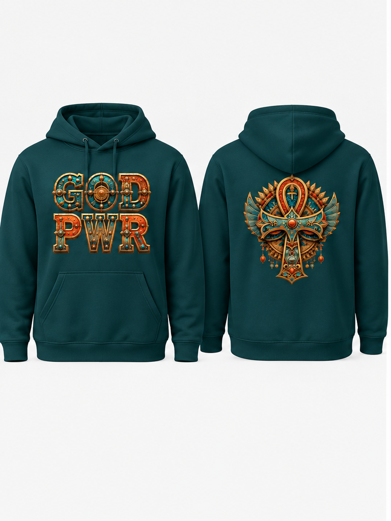 God PWR dark teal hoodie front and back