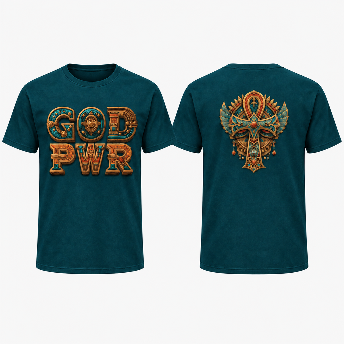 God PWR dark teal tee front and back