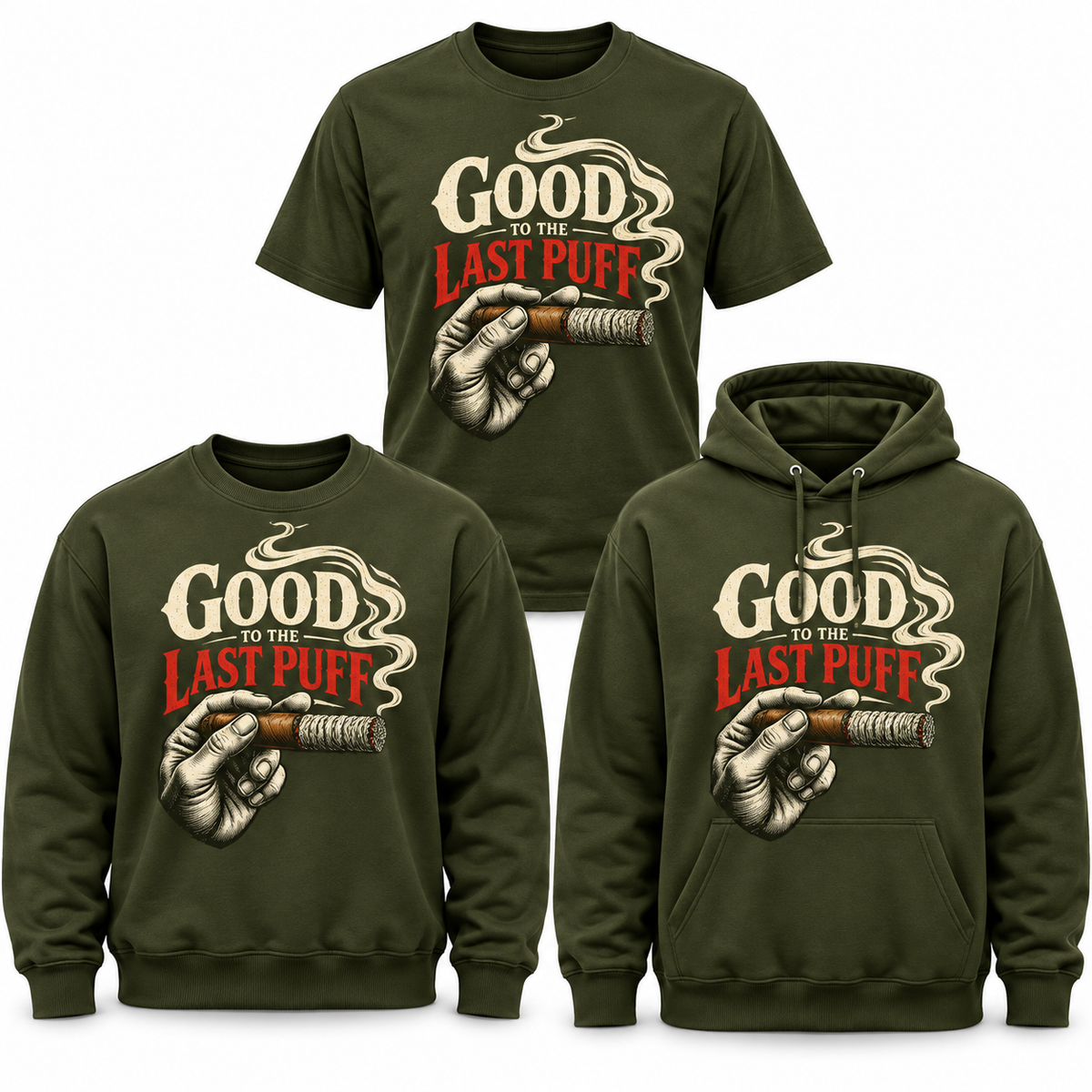 Good to the Last Puff three-garment mockup in military green