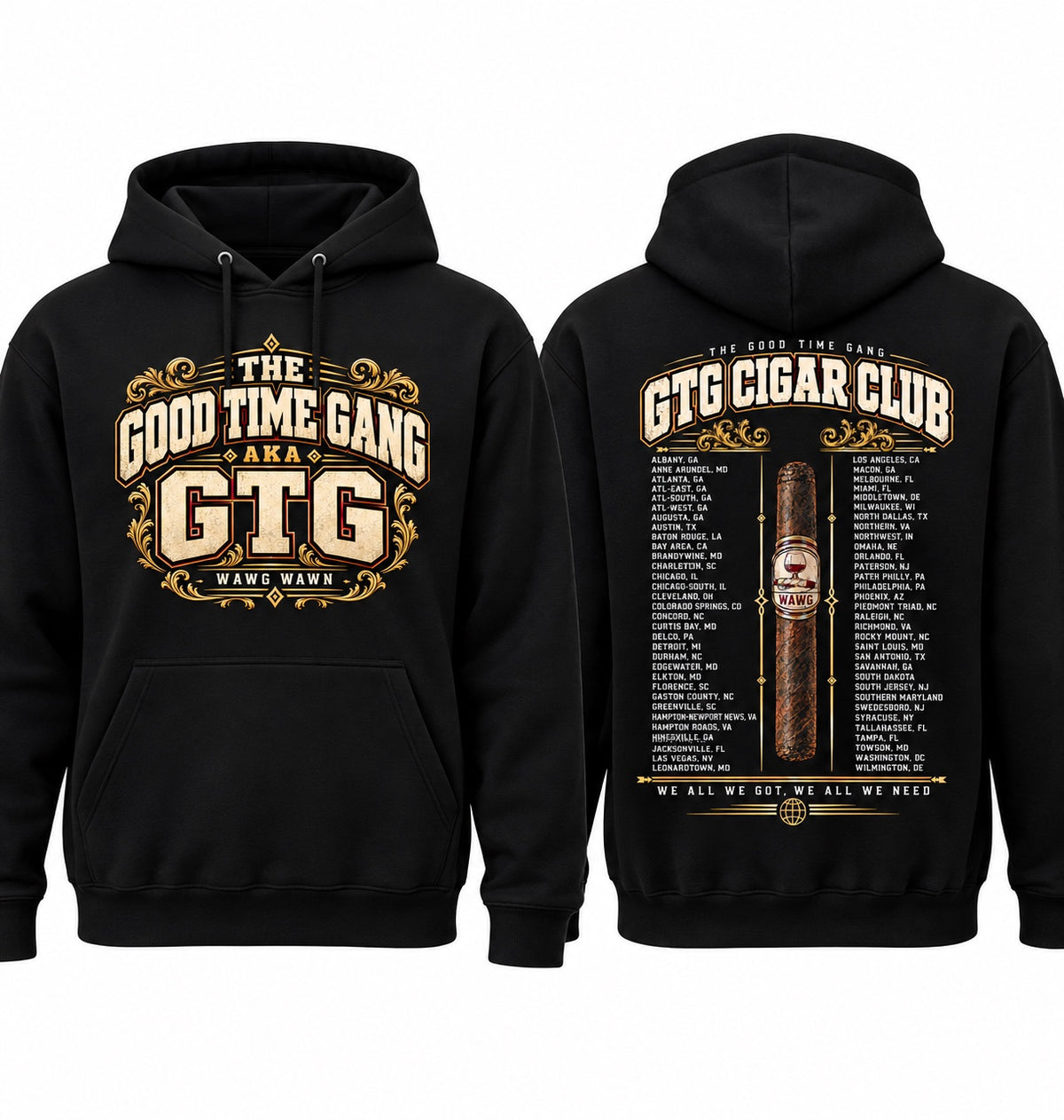 GTG Cigar Club Chapter Cities black hoodie front and back