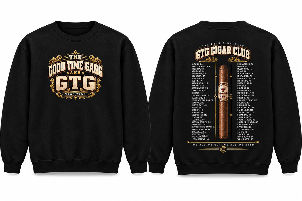 GTG Cigar Club Chapter Cities black crewneck sweatshirt front and back