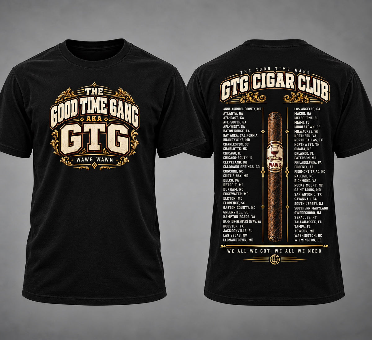 GTG Cigar Club Chapter Cities black tee front and back