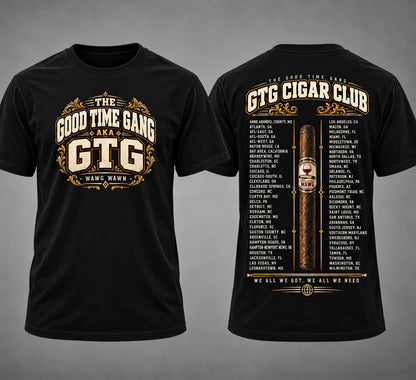 GTG Cigar Club Chapter Cities black tee front and back