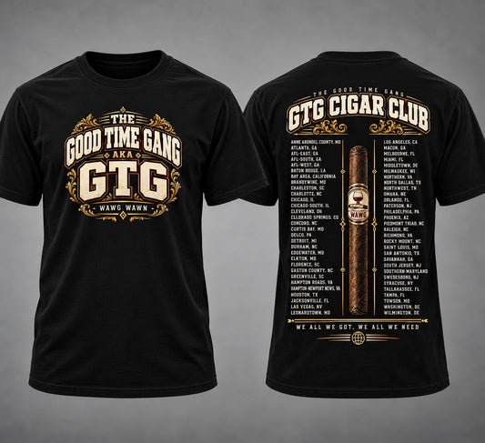 GTG Cigar Club Chapter Cities black tee front and back