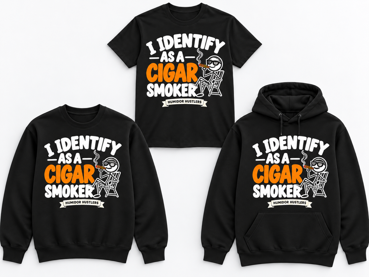 Humidor Hustlers I Identify as a Cigar Smoker black tee crewneck and hoodie mockup