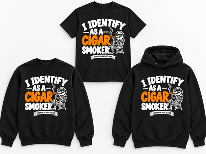 Humidor Hustlers I Identify as a Cigar Smoker black tee crewneck and hoodie mockup