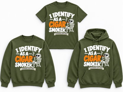 Humidor Hustlers I Identify as a Cigar Smoker military green tee crewneck and hoodie mockup