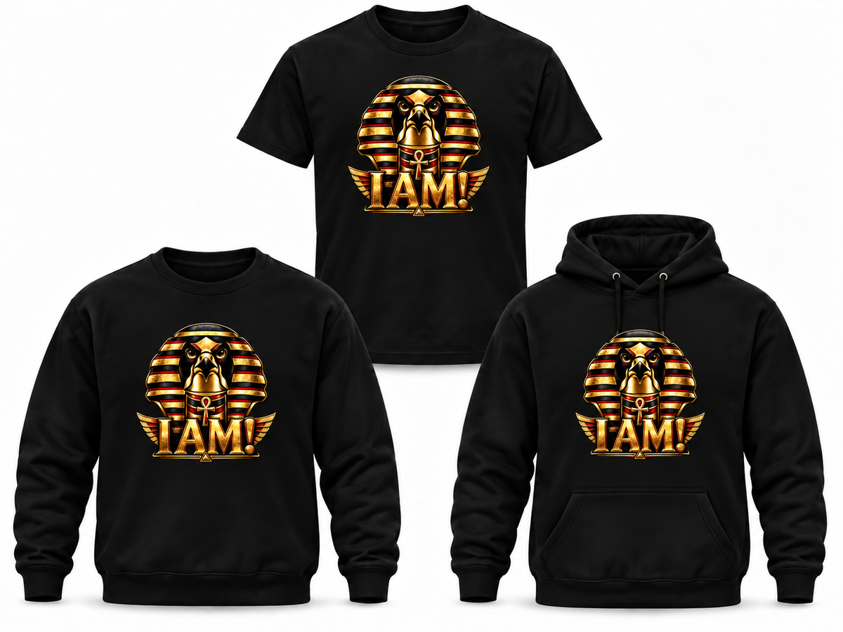 I AM! black T-shirt, crewneck and hoodie with smaller centered design
