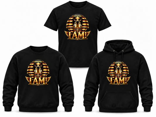I AM! black T-shirt, crewneck and hoodie with smaller centered design