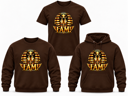 I AM! brown T-shirt, crewneck and hoodie with smaller centered design