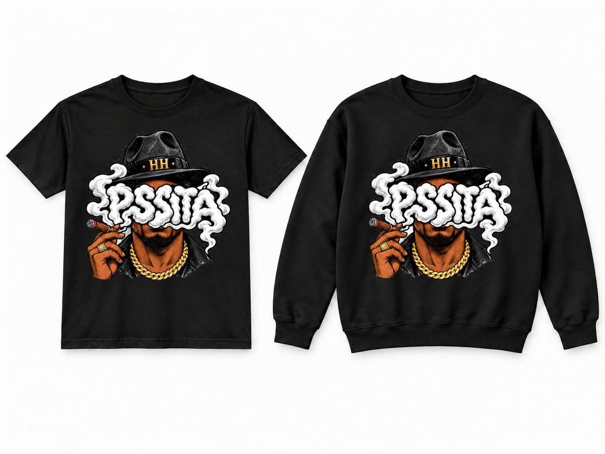 King Pssita black T-shirt and crewneck mockup