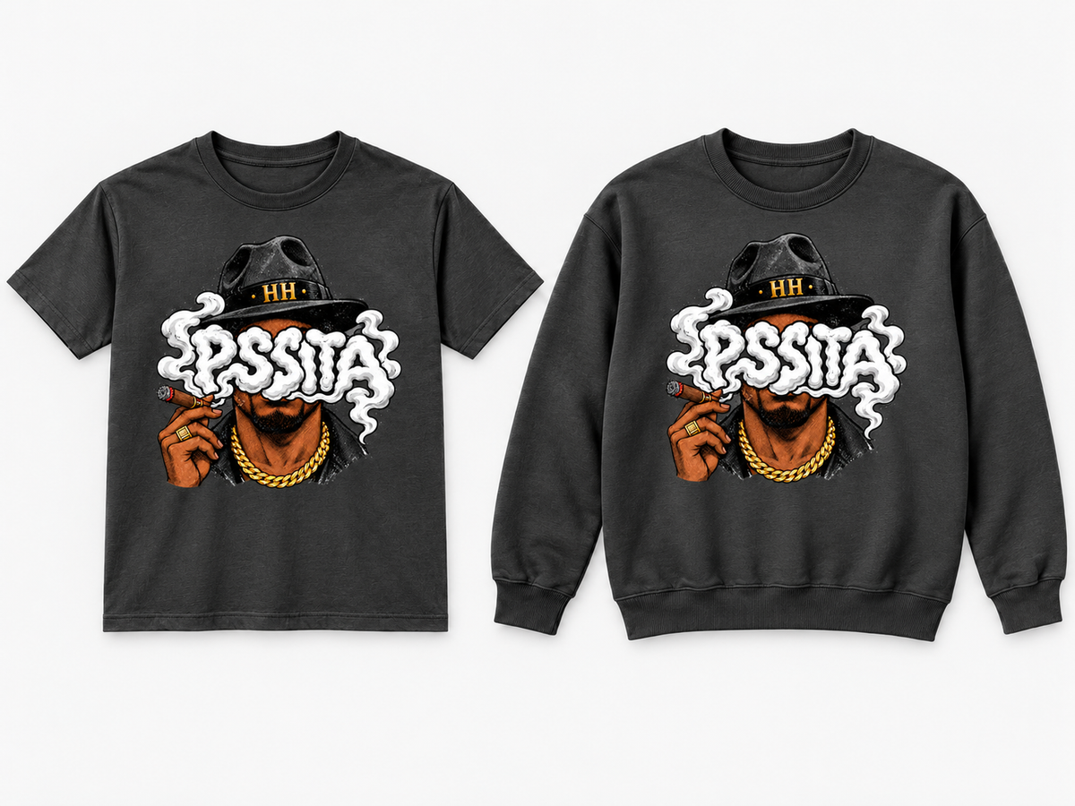 King Pssita charcoal T-shirt and crewneck mockup
