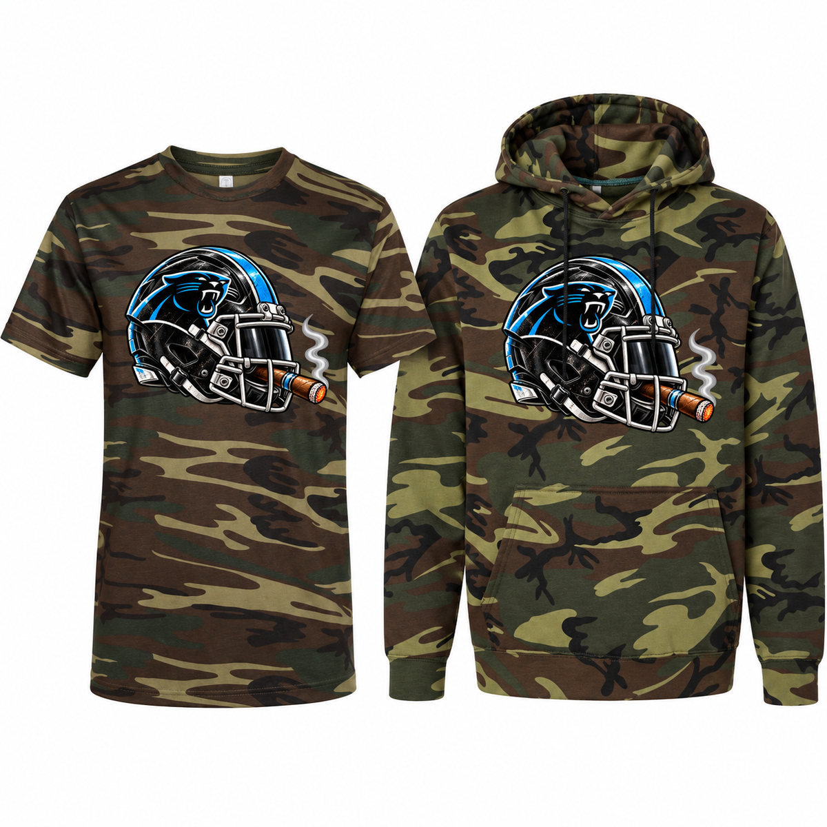 Carolina Panthers League of Smoke Camo Edition tee and hoodie