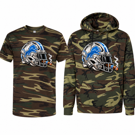 Detroit Lions League of Smoke Camo Edition tee and hoodie