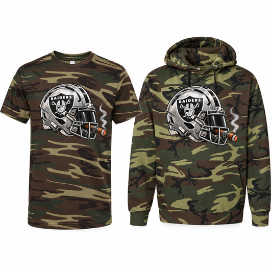 Las Vegas Raiders League of Smoke Camo Edition tee and hoodie