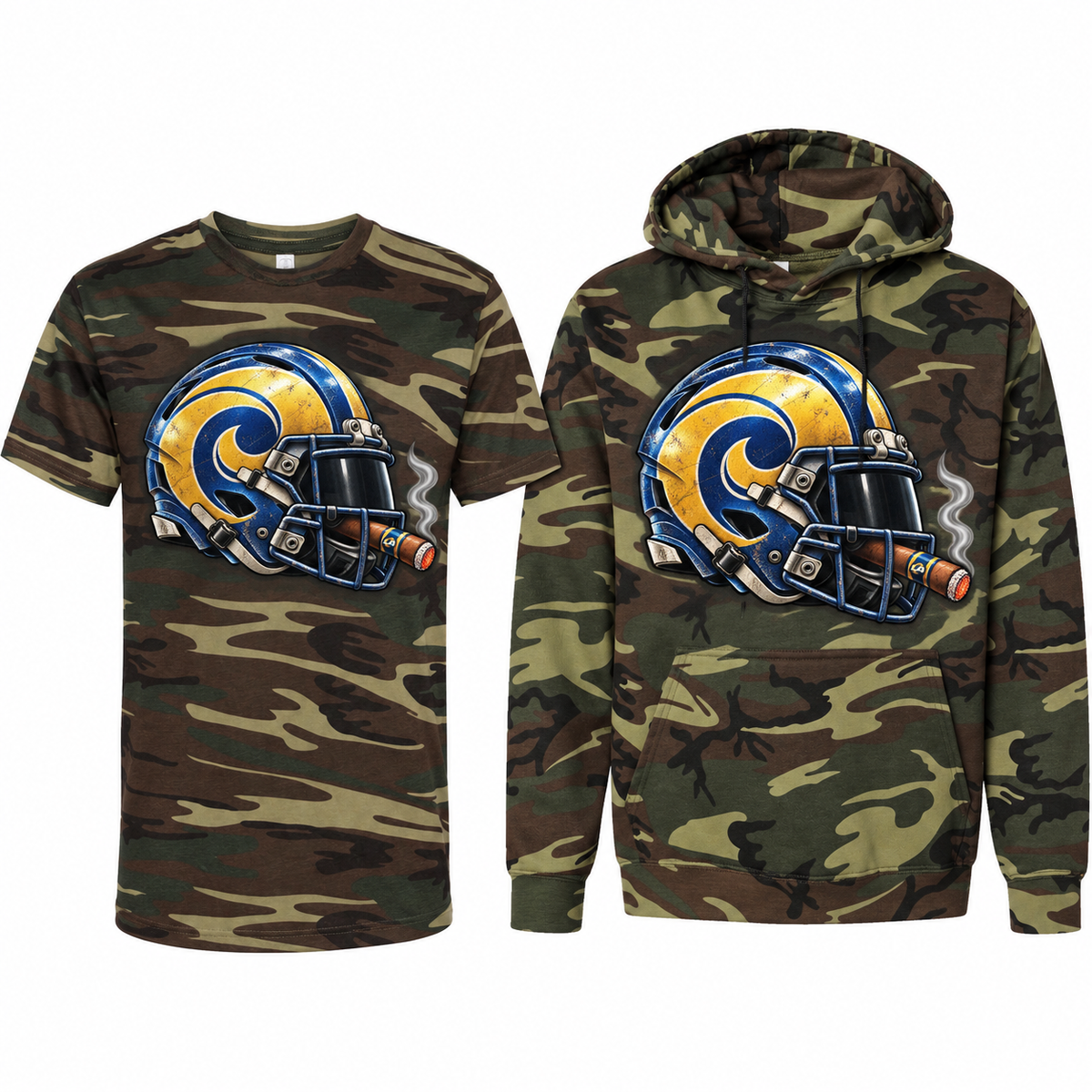Los Angeles Rams League of Smoke Camo Edition tee and hoodie